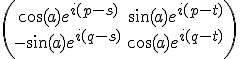 \left(<br />\begin{array}{cc} \cos (a) e^{i (p-s)} & \sin (a) e^{i (p-t)} \\ -\sin (a) e^{i (q-s)} & \cos (a) e^{i (q-t)}<br />\end{array}<br />\right)